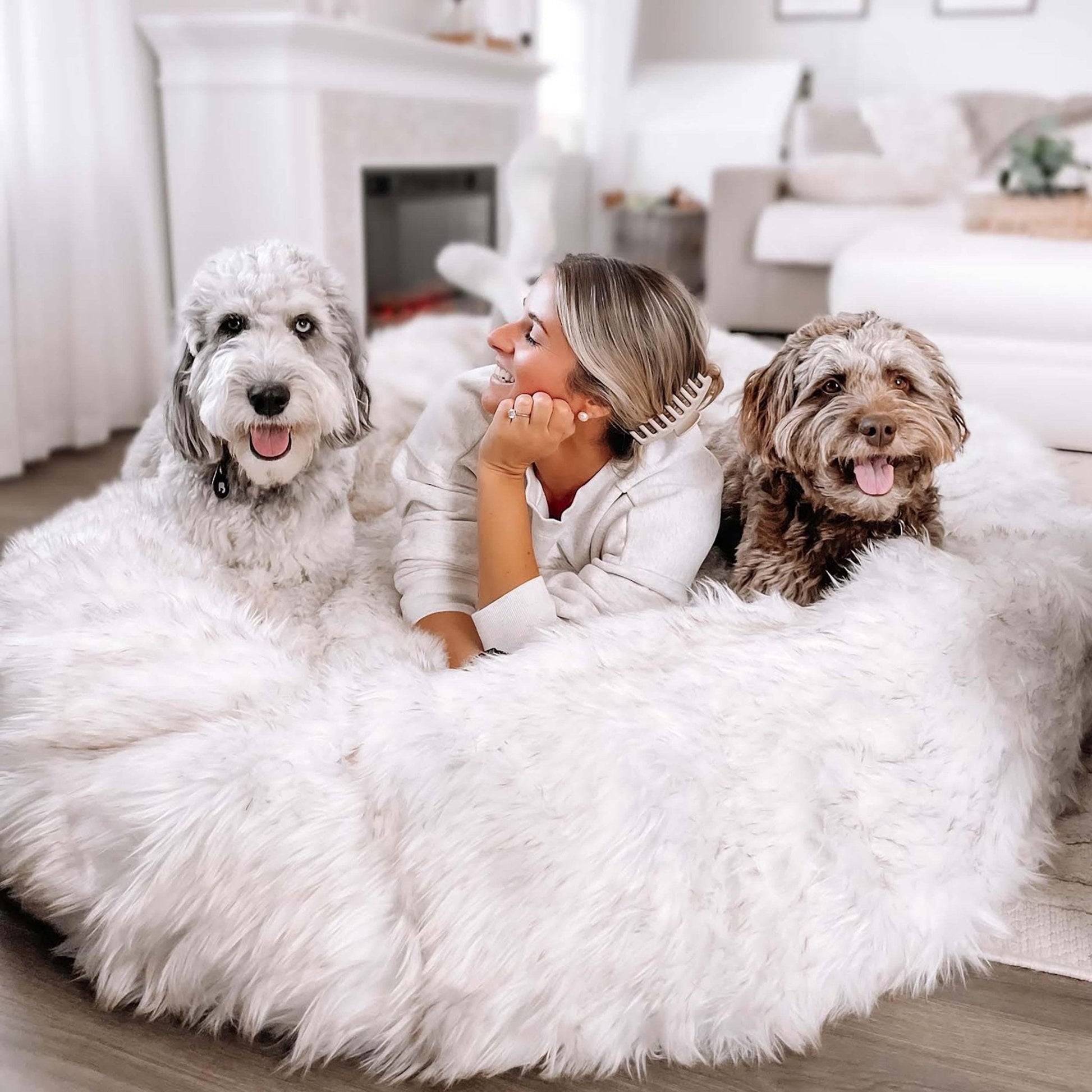 PupCloud™ Human-Size Faux Fur Memory Foam Dog Bed - White with Brown Accents Paw