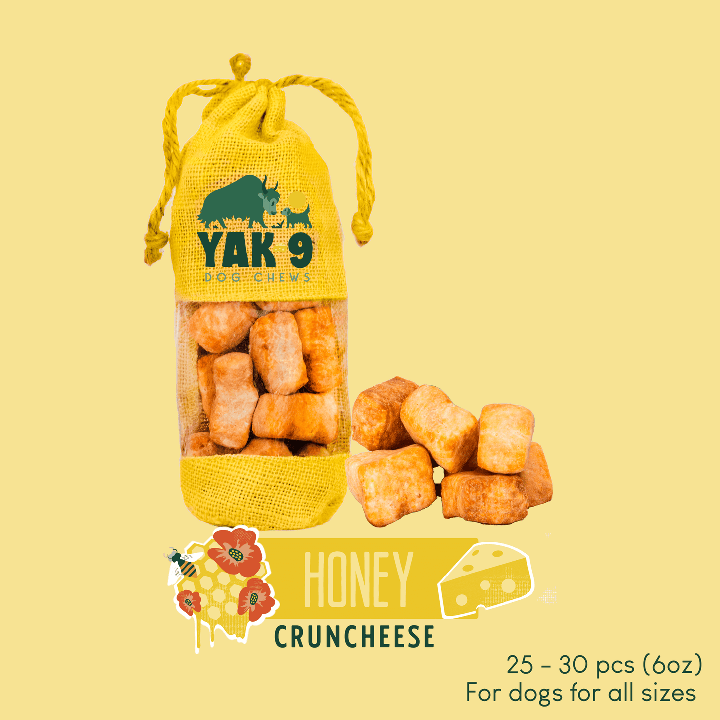 CrunCheese Yak Cheese Treats for Dogs - 6 oz Honey Dog Treats Yak9 Chews