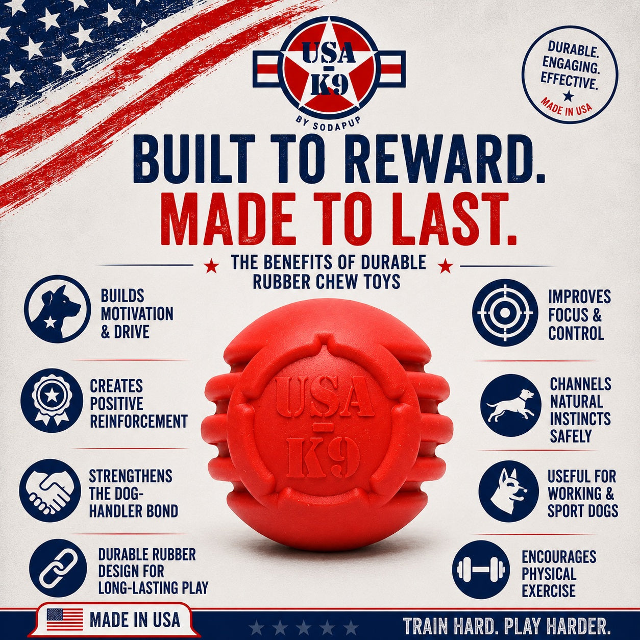 USA-K9 Stars and Stripes Rubber Dog Toy | K9 Handler Reward Toy | Red | USA Made Rubber Dog Toys SodaPup/True Dogs, LLC