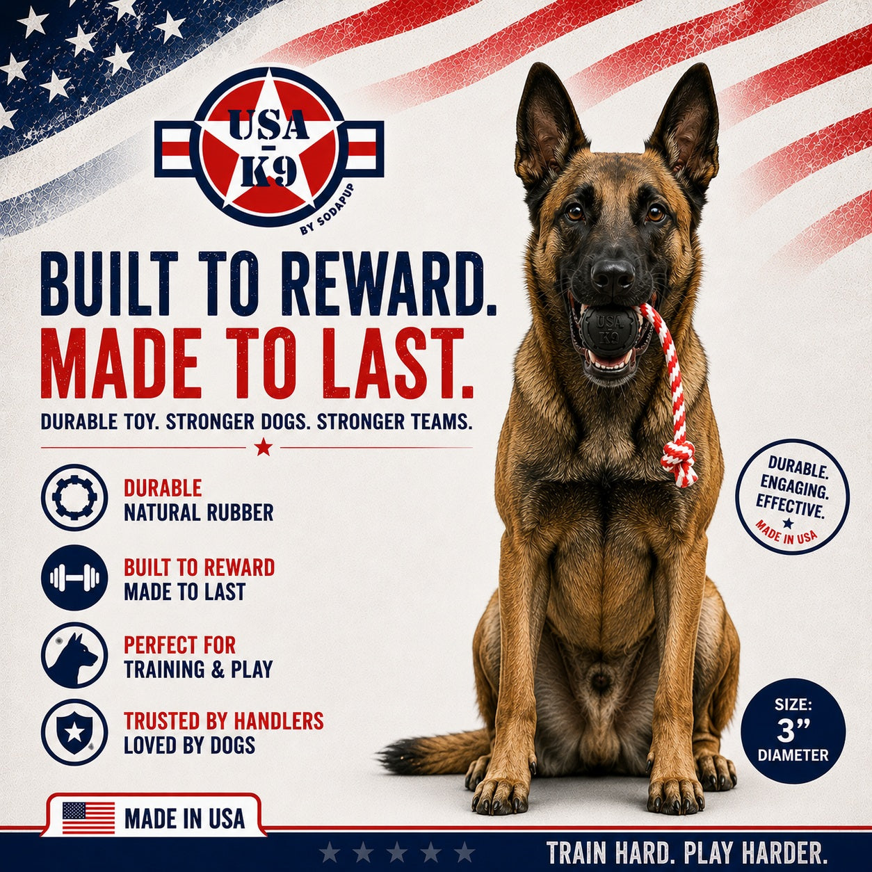 USA-K9 Magnum Stars and Stripes Rubber Dog Toy | K9 Handler Reward Toy | USA Made Rubber Dog Toys SodaPup/True Dogs, LLC