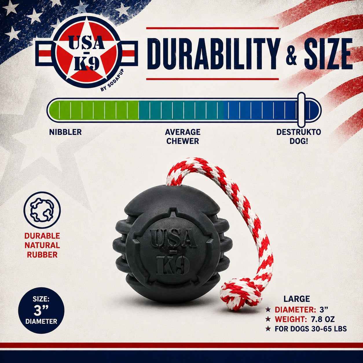 USA-K9 Magnum Stars and Stripes Rubber Dog Toy | K9 Handler Reward Toy | USA Made Rubber Dog Toys SodaPup/True Dogs, LLC