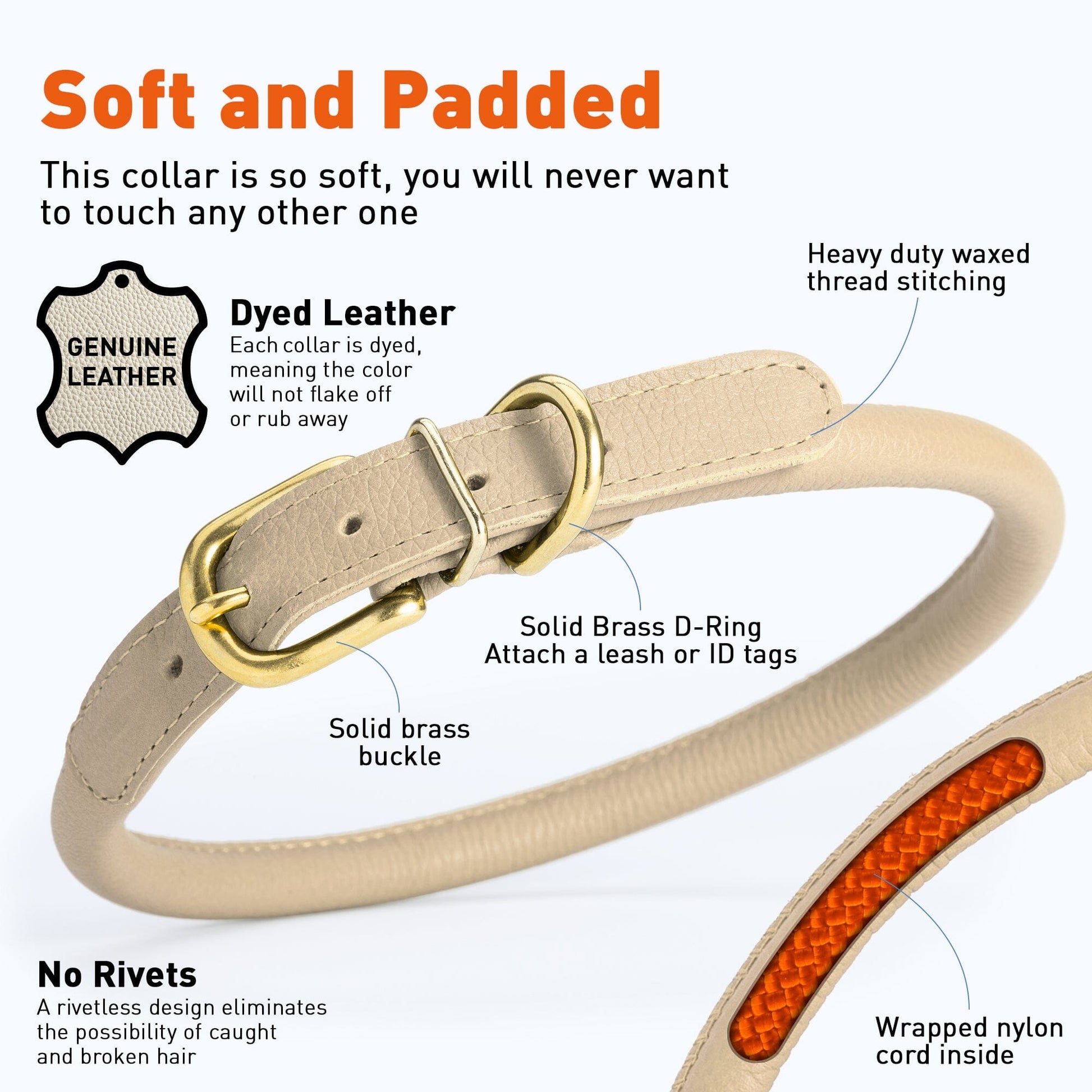 Soft Rolled Leather Dog Collar with Brass Hardware Dog Collars Dogline