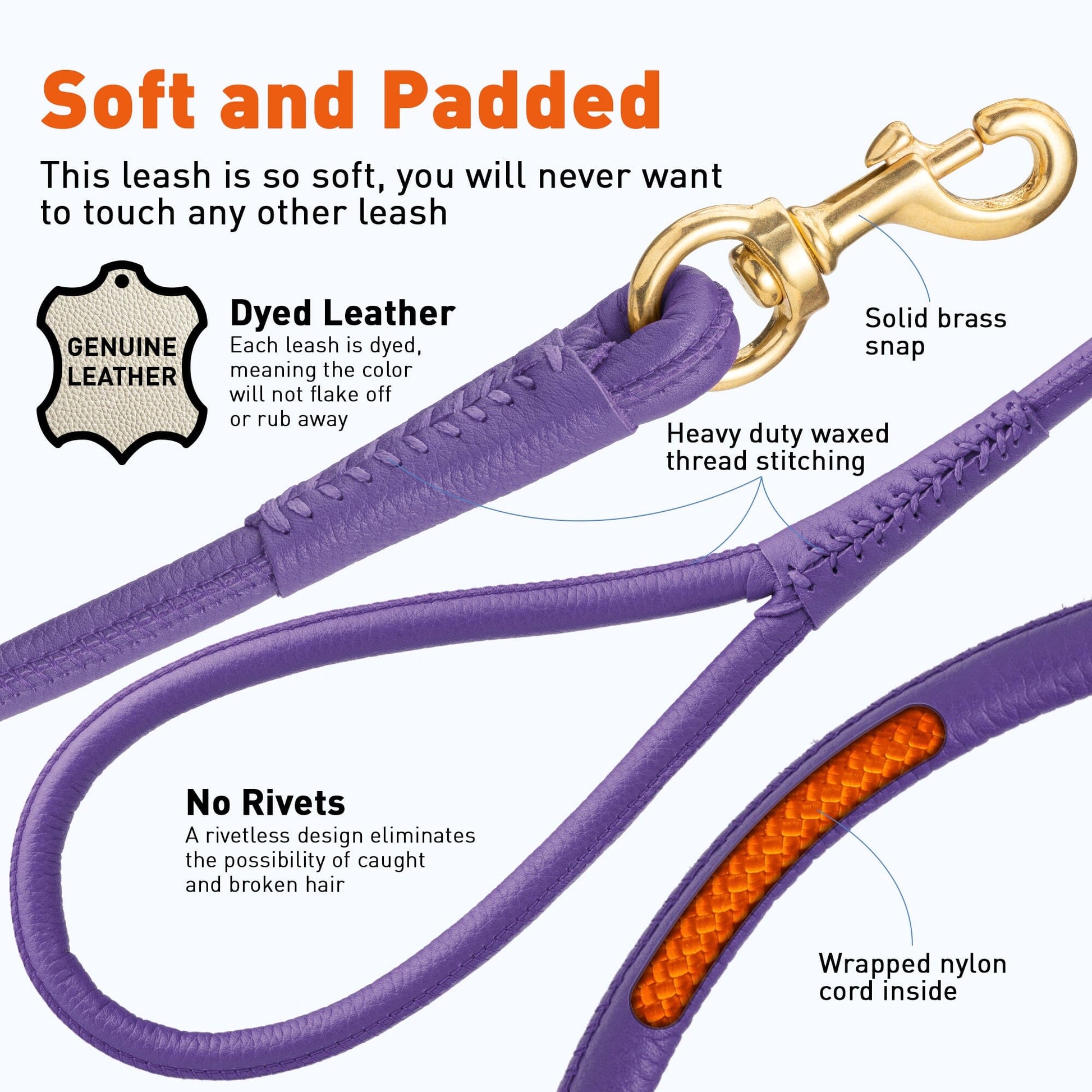Rolled Leather Dog Leash with Brass Snap Hook Dog Leashes Dogline