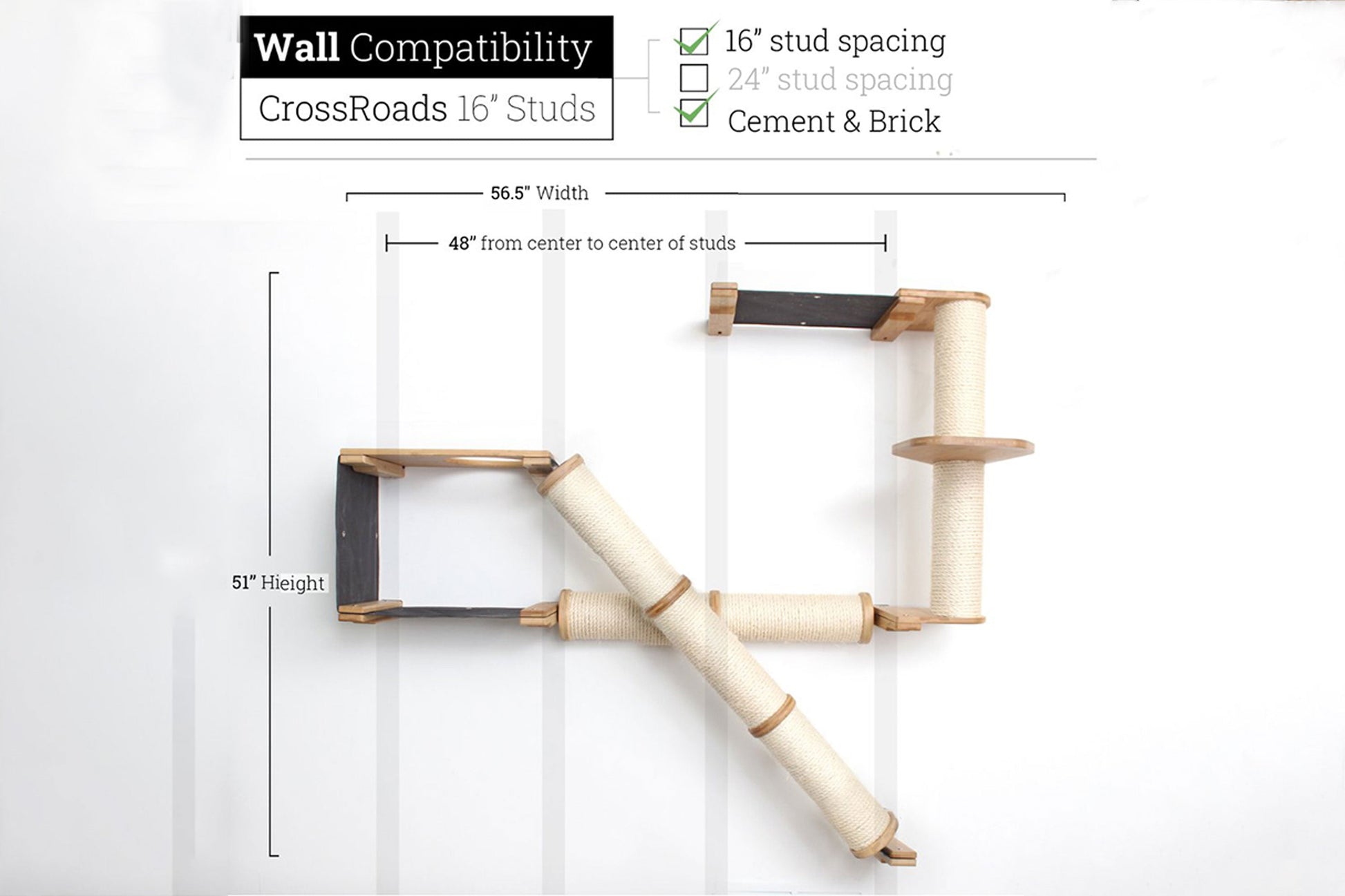 The Crossroads - Cat Wall Scratcher - Tree with Ramp Natural Bamboo Charcoal Gray Canvas 16" Cat Condo Catastrophic Creations