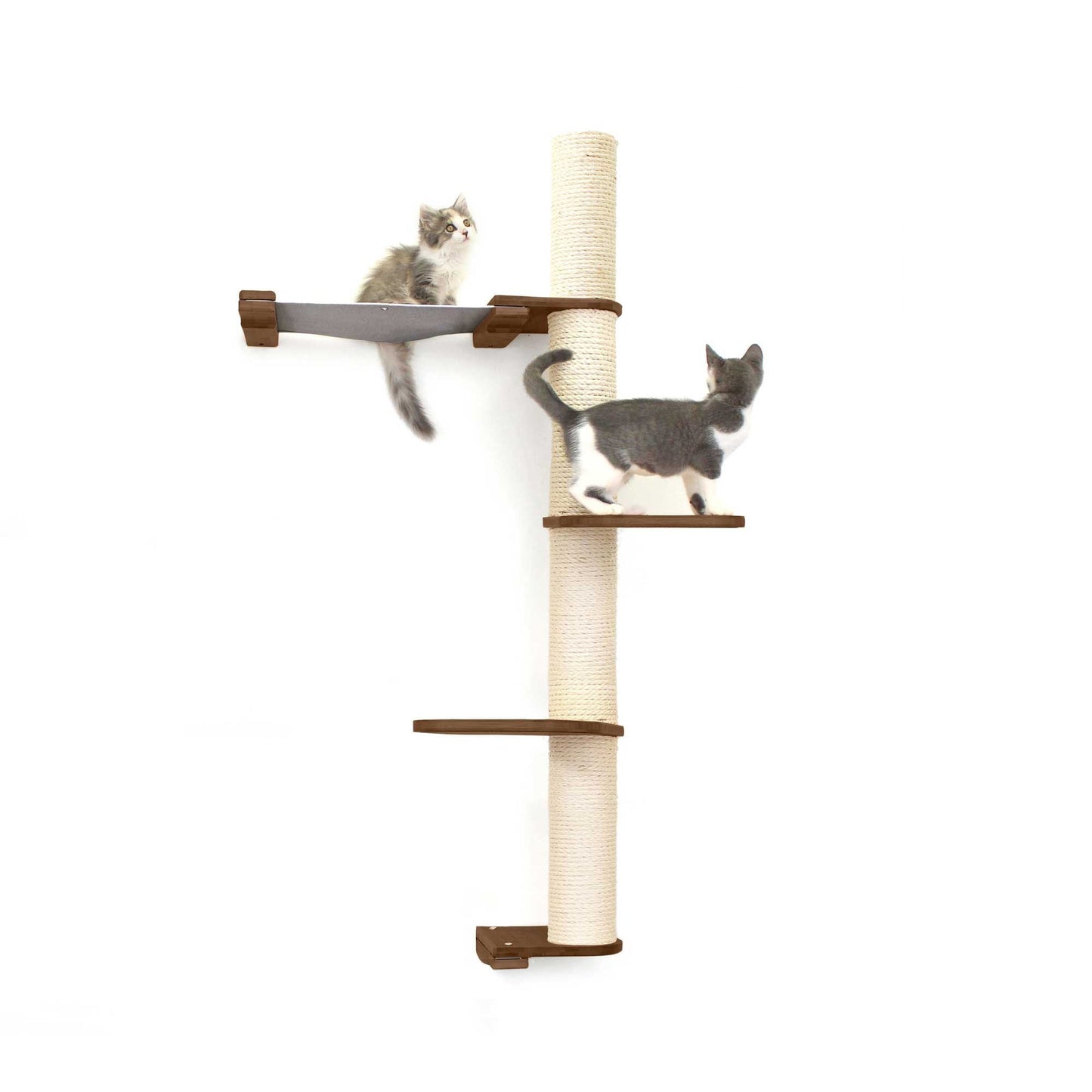 The Crow's Nest - A Wall Cat Scratcher with Hammock English Chestnut Bamboo Charcoal Gray Canvas 3-Tier 16" Cat Condo Catastrophic Creations