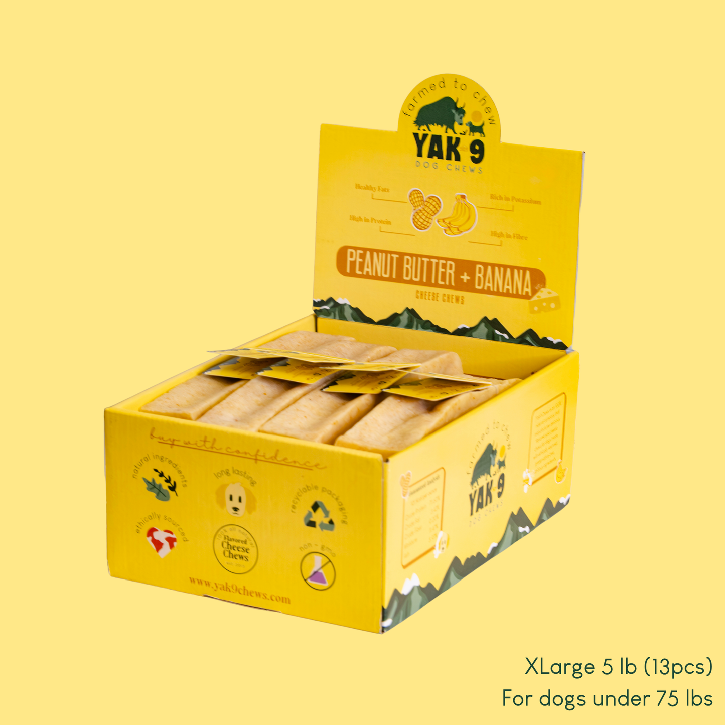 Peanut Butter & Banana Chews for Dogs XLarge (6oz) 5 lb Peanut Butter Banana Chews Yak9 Chews