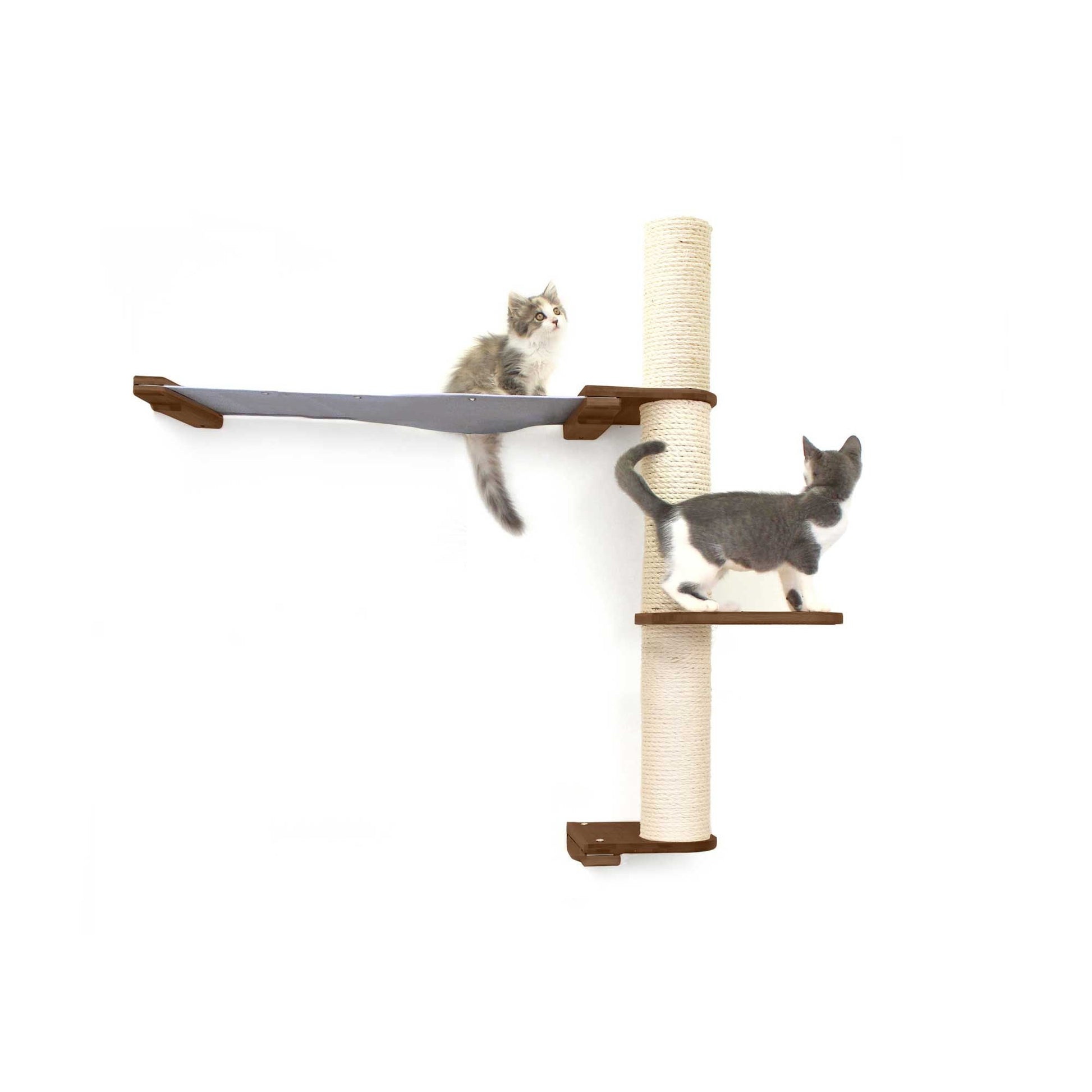 The Crow's Nest - A Wall Cat Scratcher with Hammock English Chestnut Bamboo Charcoal Gray Canvas 2-Tier 32" Cat Condo Catastrophic Creations