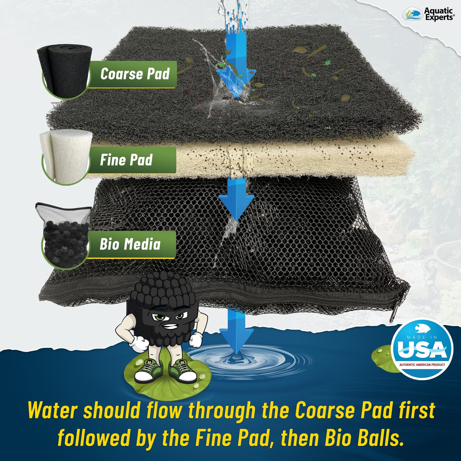Pond Bundle - White Fine Filter Pad 12" x 72", Black Coarse FIlter Pad 12" x 72", 300 Count BioBalls with Mesh Bag Bundles Aquatic Experts