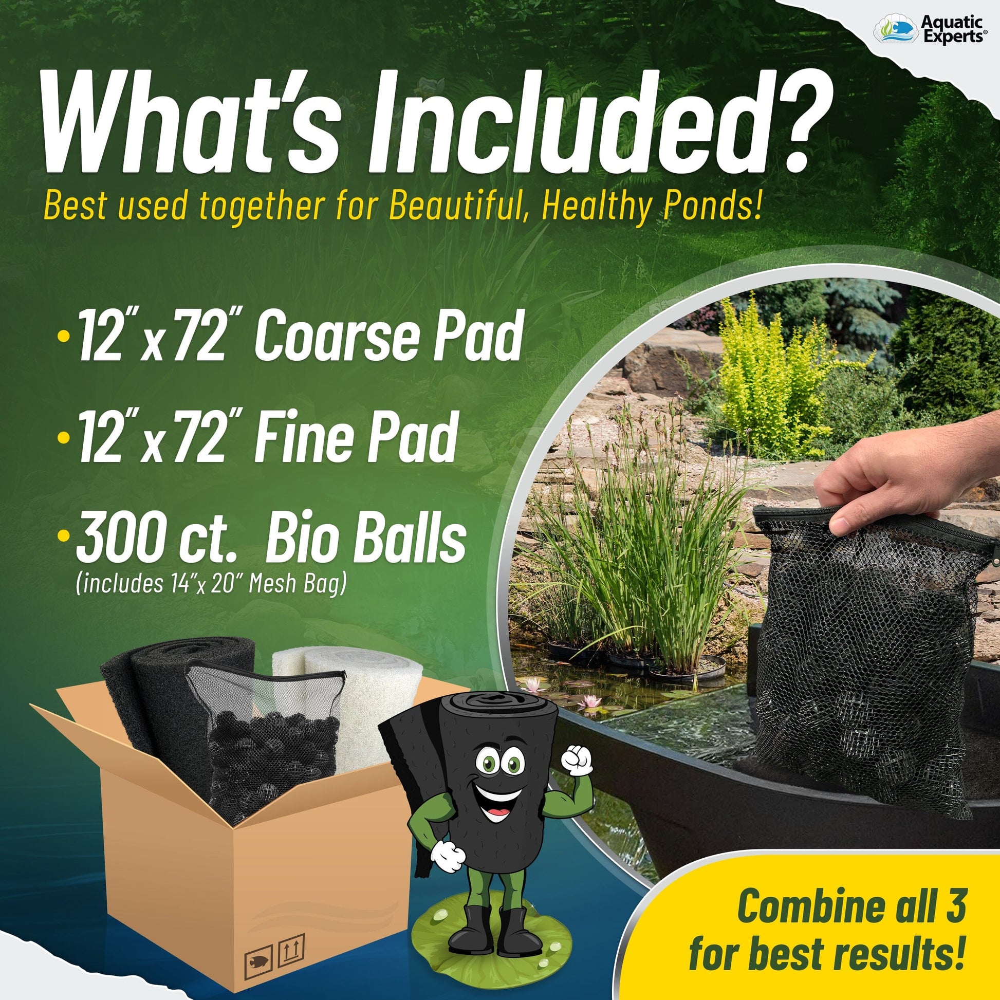 Pond Bundle - White Fine Filter Pad 12" x 72", Black Coarse FIlter Pad 12" x 72", 300 Count BioBalls with Mesh Bag Bundles Aquatic Experts