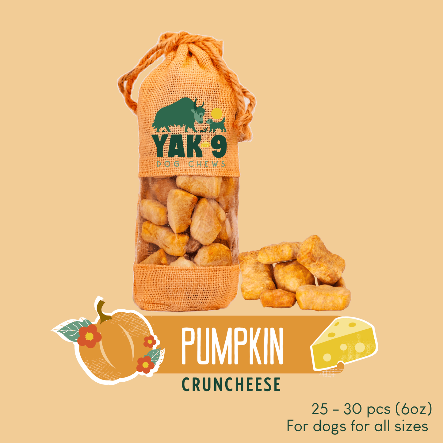 CrunCheese Yak Cheese Treats for Dogs - 6 oz Pumpkin Dog Treats Yak9 Chews