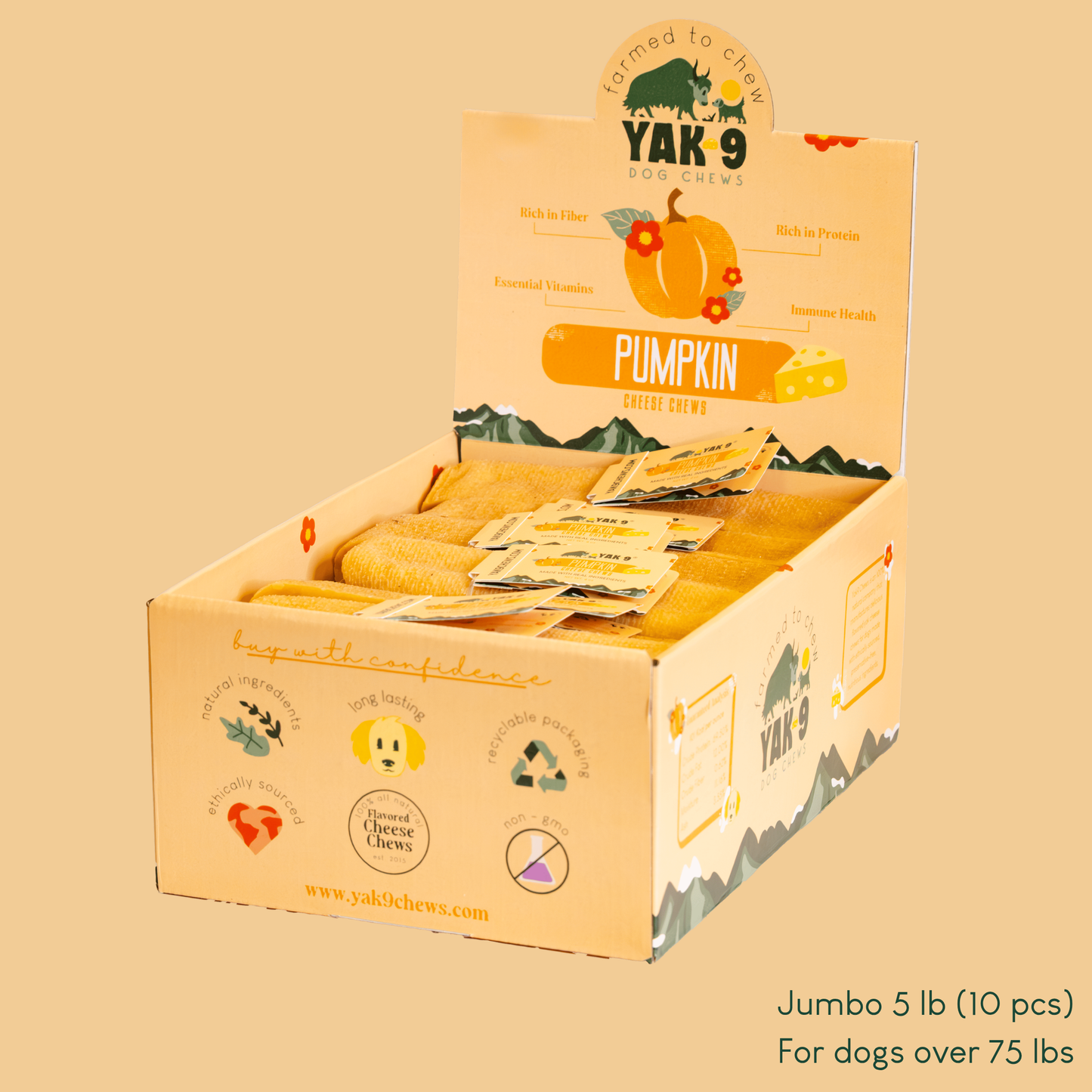 Pumpkin Cheese Chews for Dogs Jumbo (8oz) 5 lb PUMPKIN YAK CHEWS Yak9 Chews