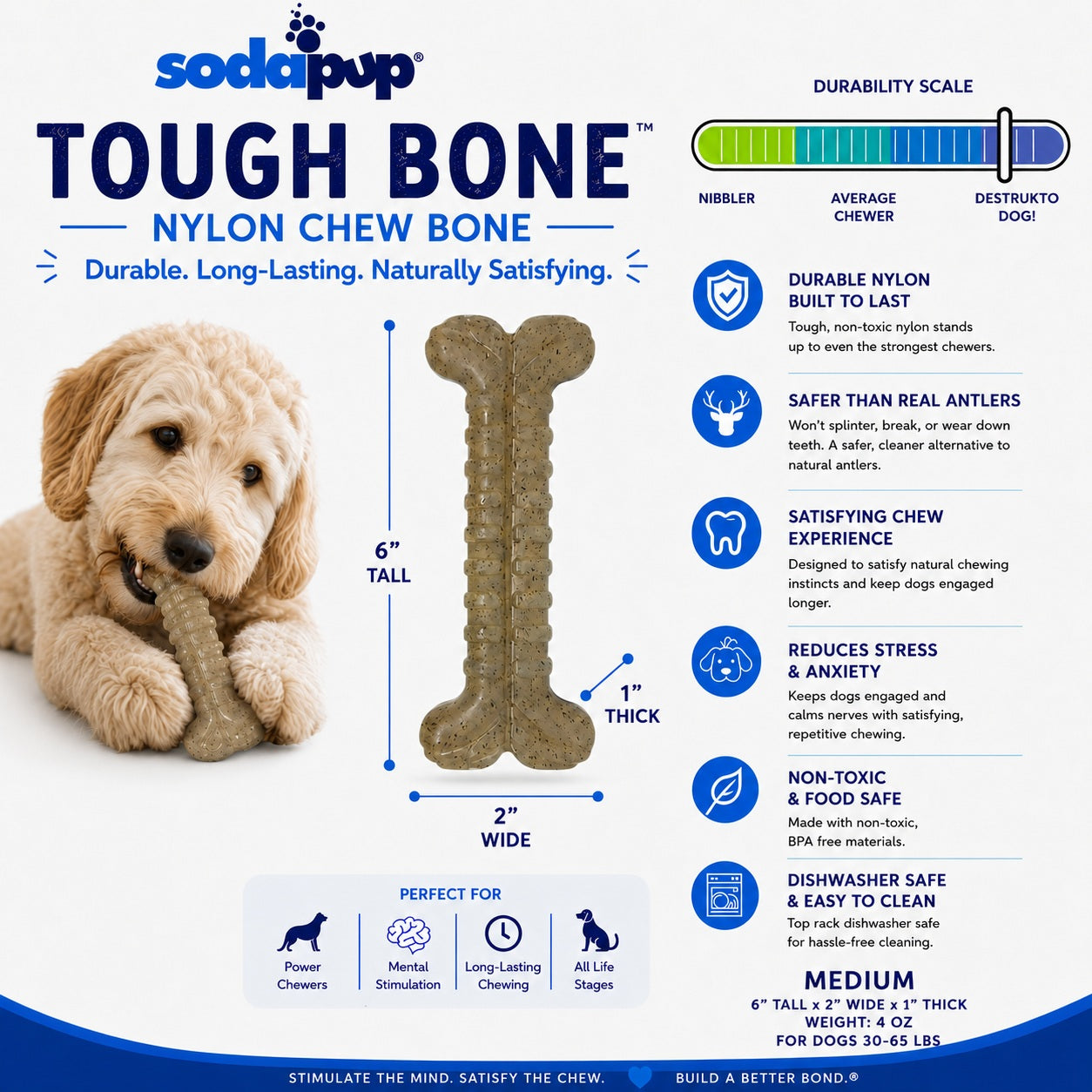 Tough Bone Nylon Chew Bone | Ultra-Durable Dog Toy for Aggressive Chewers | SodaPup Nylon Dog Toys SodaPup/True Dogs, LLC