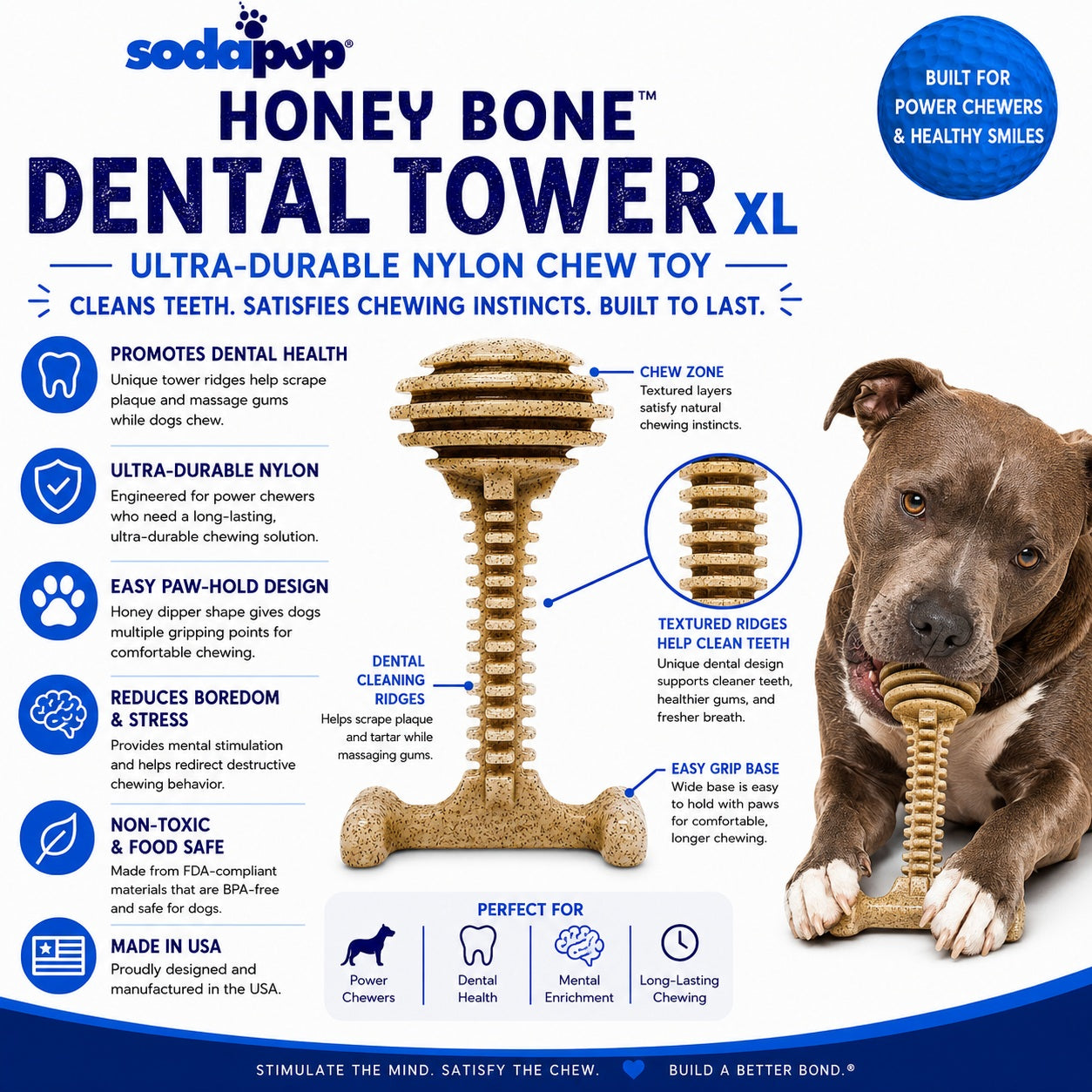 Honey Bone Dental Tower - Indestructible Nylon Dog Chew Toy XL | USA Made Nylon Dog Toys SodaPup/True Dogs, LLC