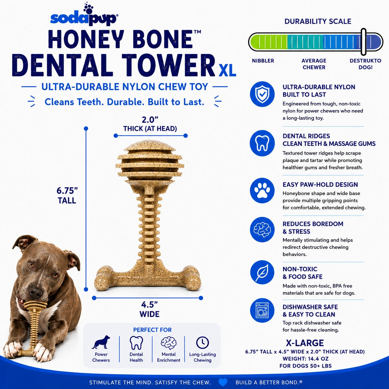 Honey Bone Dental Tower - Indestructible Nylon Dog Chew Toy XL | USA Made Nylon Dog Toys SodaPup/True Dogs, LLC