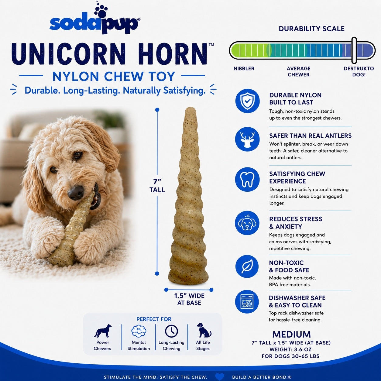 Unicorn Horn Nylon Dog Chew Toy | Durable for Aggressive Chewers | SodaPup Nylon Dog Toys SodaPup/True Dogs, LLC