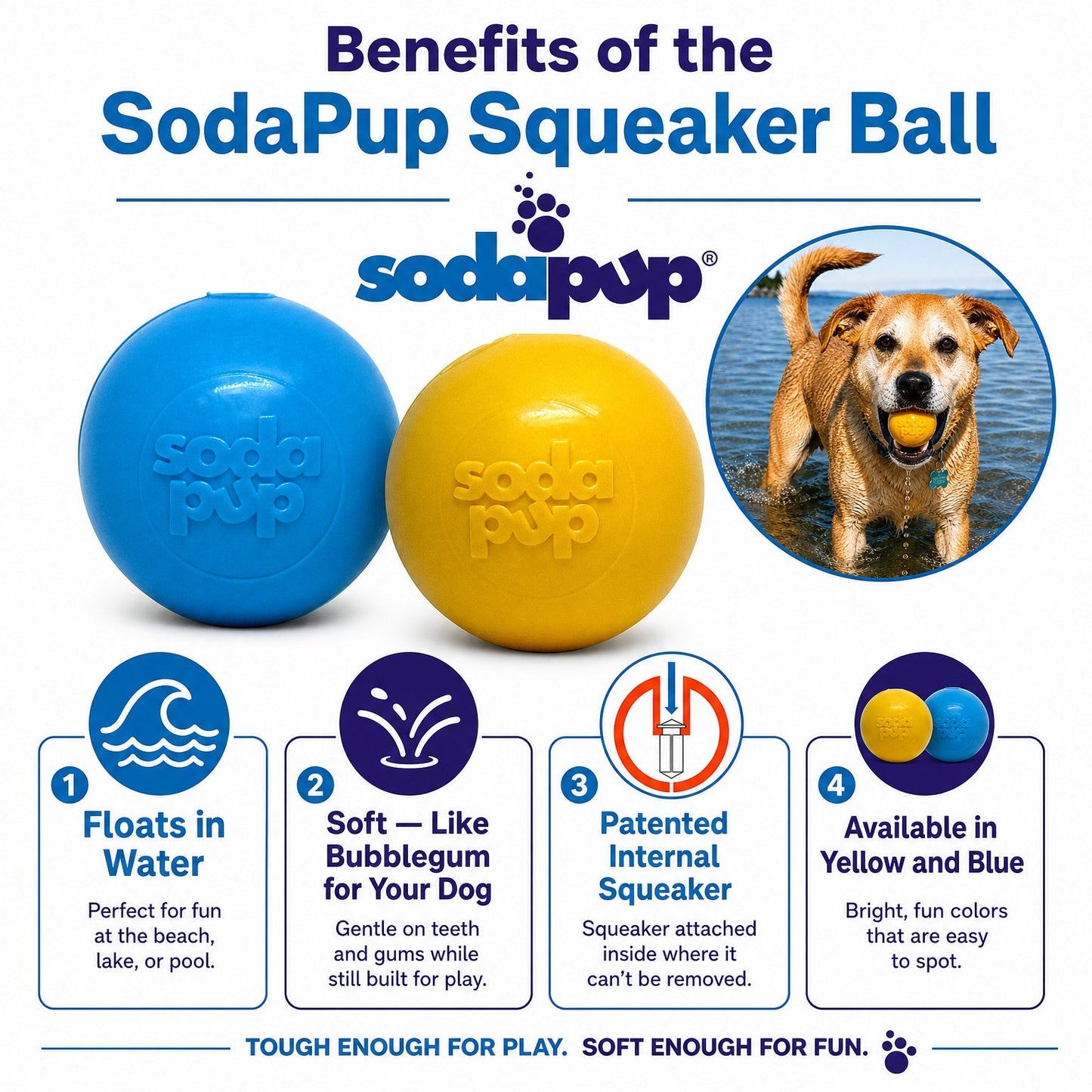 Squeak Ball - Durable Squeaky Dog Toy, Floats, Chew Toy | USA Made Rubber Dog Toys SodaPup/True Dogs, LLC