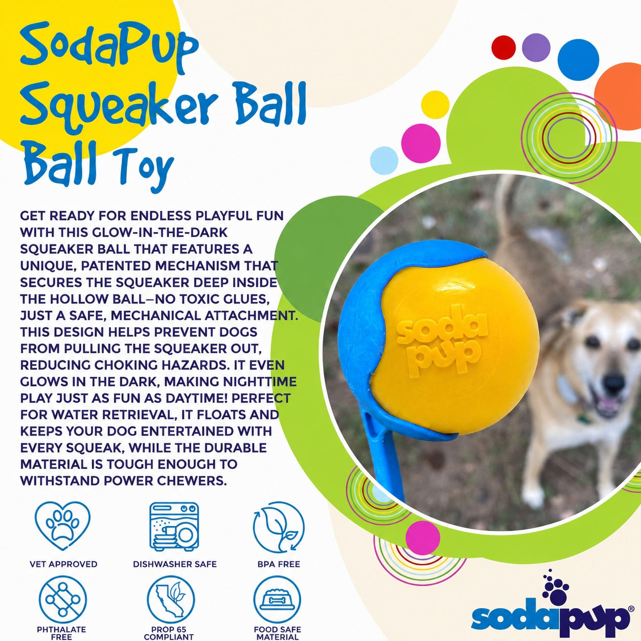Squeak Ball - Durable Squeaky Dog Toy, Floats, Chew Toy | USA Made Rubber Dog Toys SodaPup/True Dogs, LLC