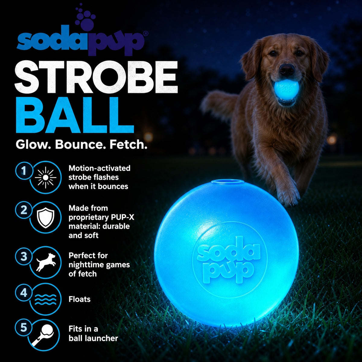 Strobe Ball Light-Up Dog Toy - Durable Floating Chew Ball | Made in USA Rubber Dog Toys SodaPup/True Dogs, LLC