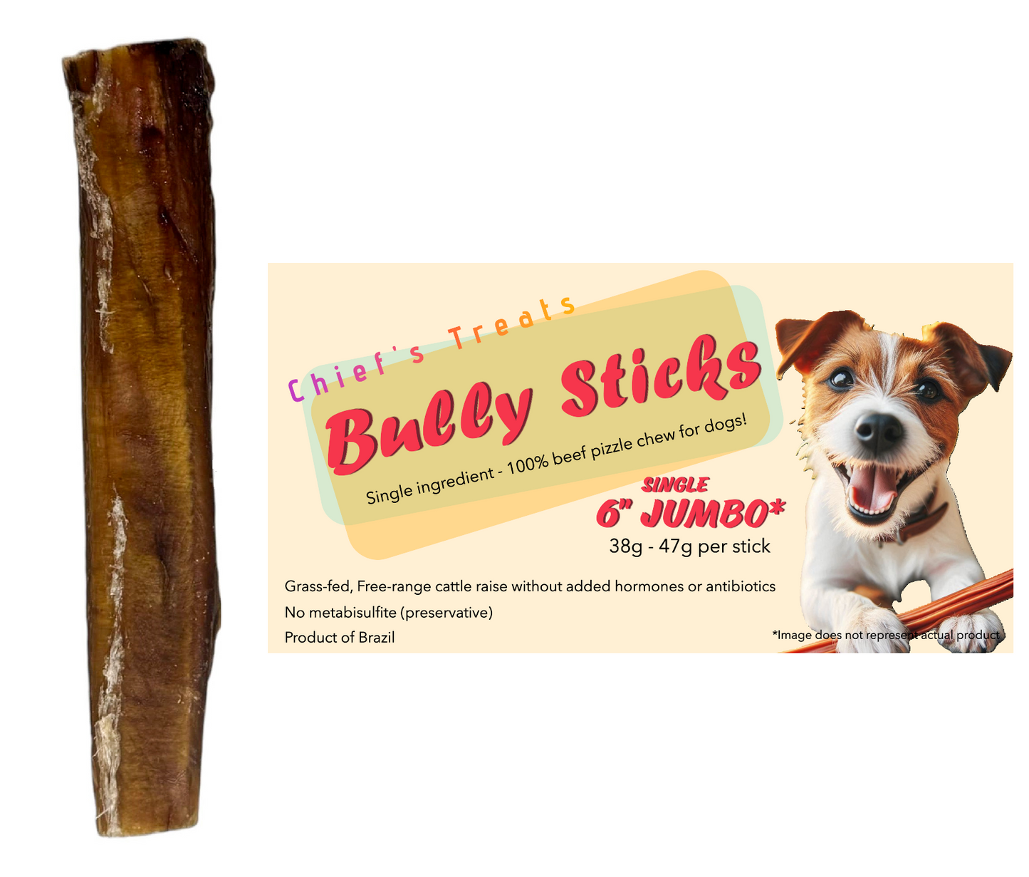 Bully Sticks 6" and 12" | SINGLES | Very Low Odor | Grass-fed/Free-range Jumbo 6" single Dog Treats Bones Bully Sticks and Natural Chews Chief’s Treats and Pet Supplies