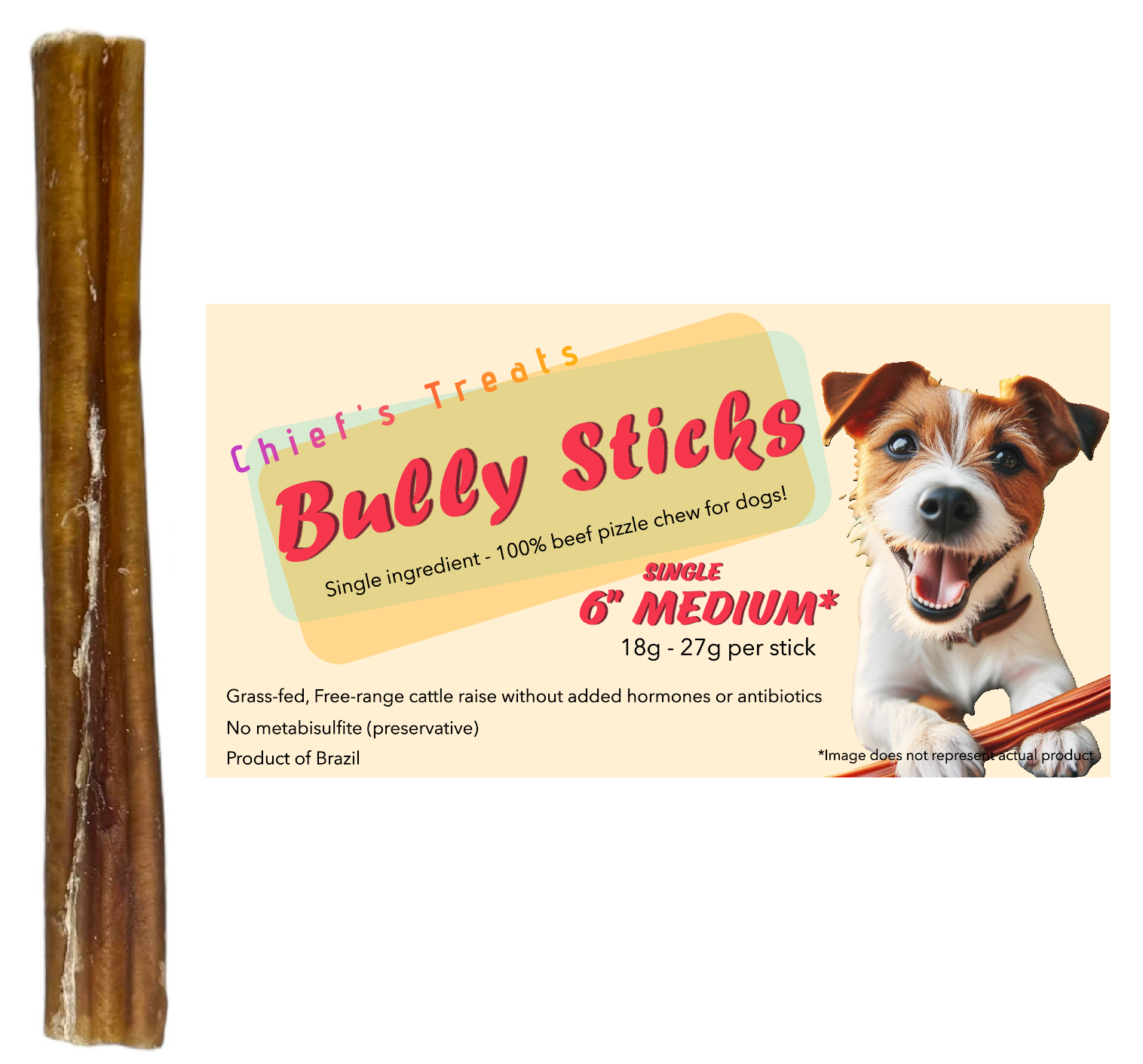 Bully Sticks 6" and 12" | SINGLES | Very Low Odor | Grass-fed/Free-range Medium 6" single Dog Treats Bones Bully Sticks and Natural Chews Chief’s Treats and Pet Supplies