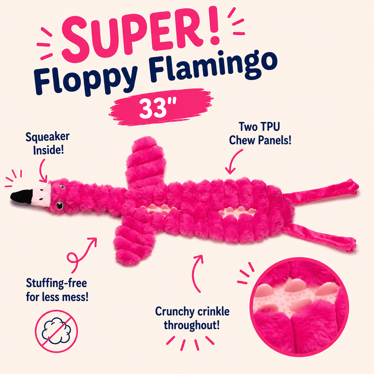 33" SUPER! Floppy Dog Toy Flamingo Dog Toys Dogline