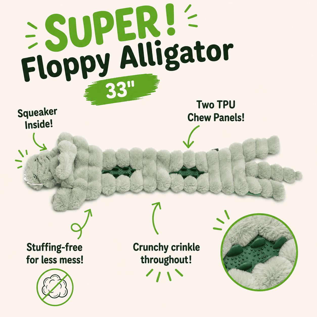 33" SUPER! Floppy Dog Toy Alligator Dog Toys Dogline