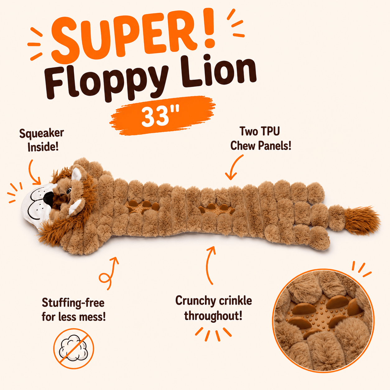 33" SUPER! Floppy Dog Toy Lion Dog Toys Dogline