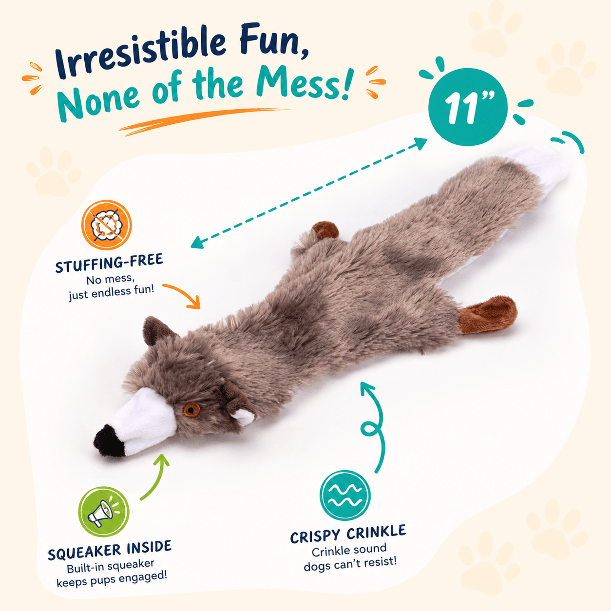 Crinkle Critters Stuffing-Free Dog Toy with Squeaker 11" Crinkle Raccoon Dog Toys Dogline