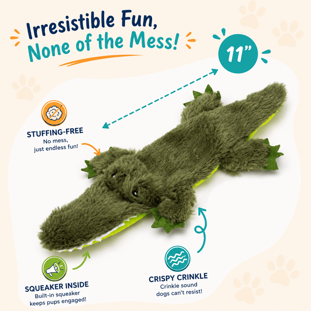 Crinkle Critters Stuffing-Free Dog Toy with Squeaker 11" Crinkle Crocodile Dog Toys Dogline