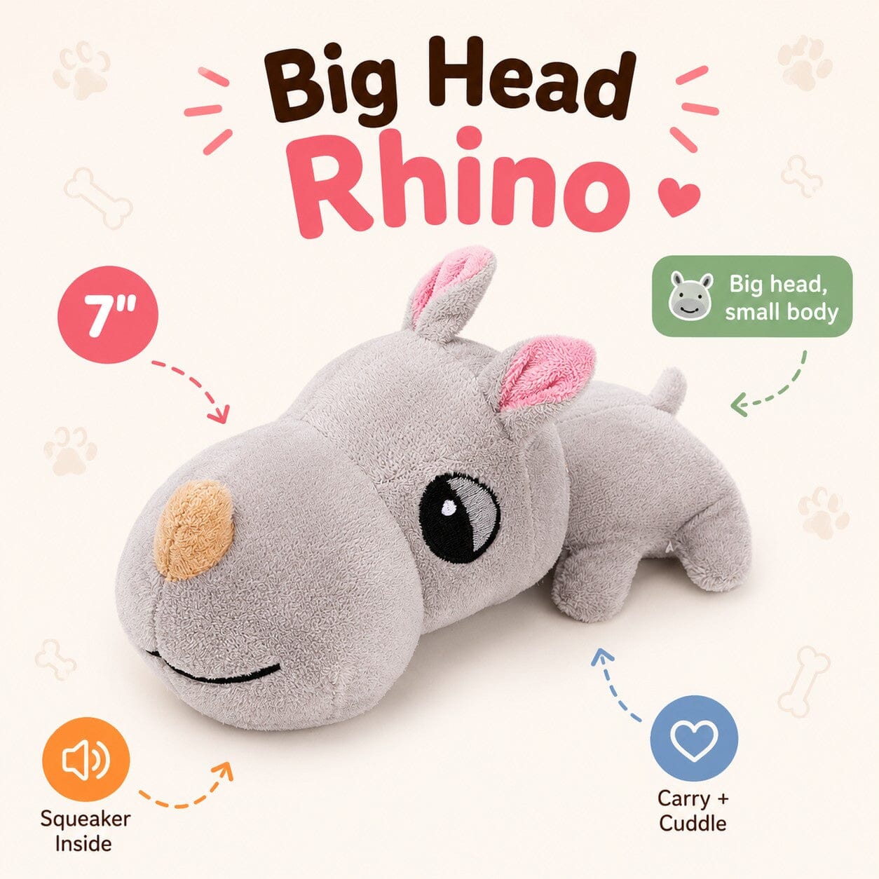 7" Big Head Mini Dog Toy Big Head Rhino Dog Toys Dogline