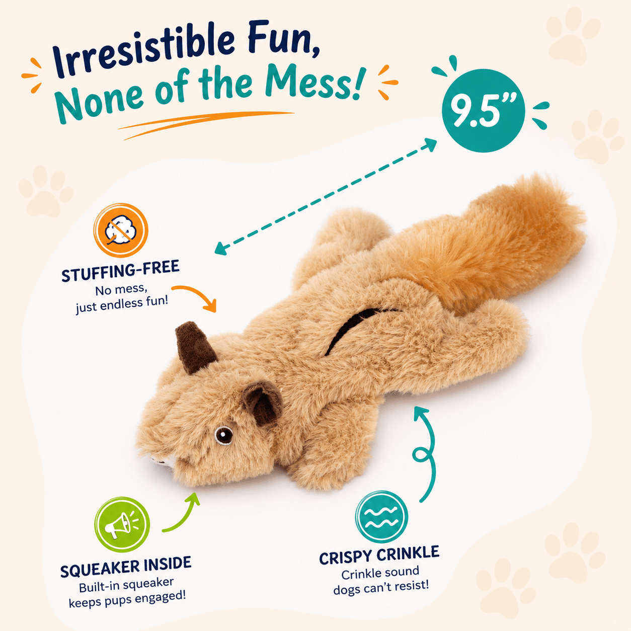 Crinkle Critters Stuffing-Free Dog Toy with Squeaker 9.5" Light Brown Squirrel Dog Toys Dogline