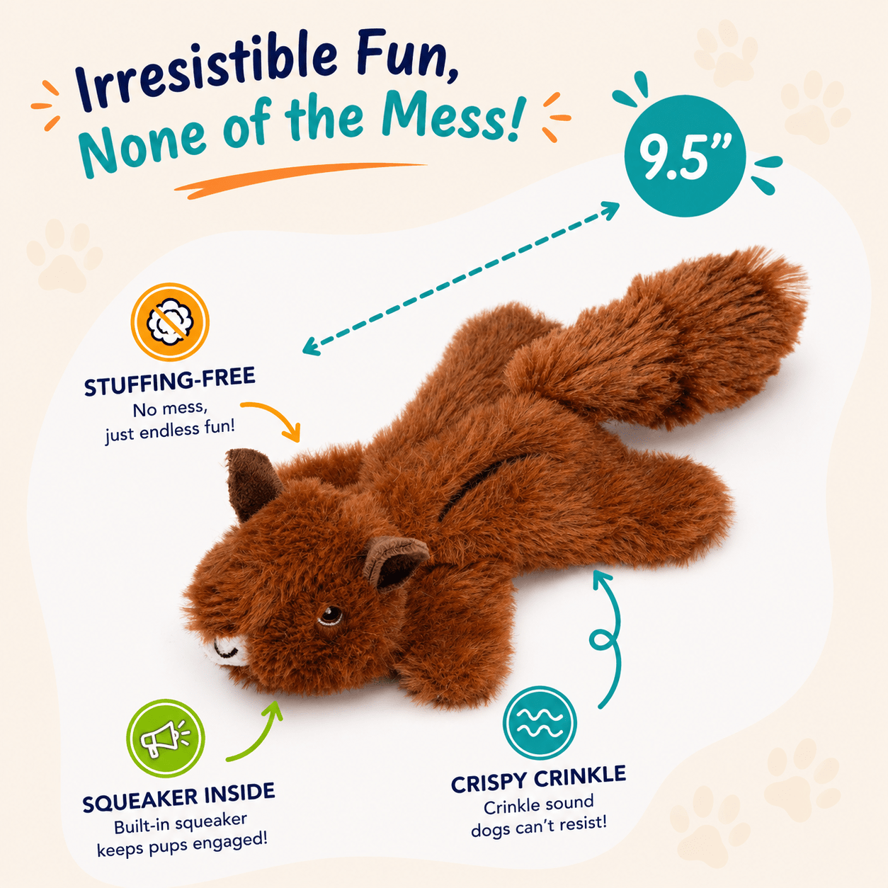 Crinkle Critters Stuffing-Free Dog Toy with Squeaker 9.5" Dark Brown Squirrel Dog Toys Dogline