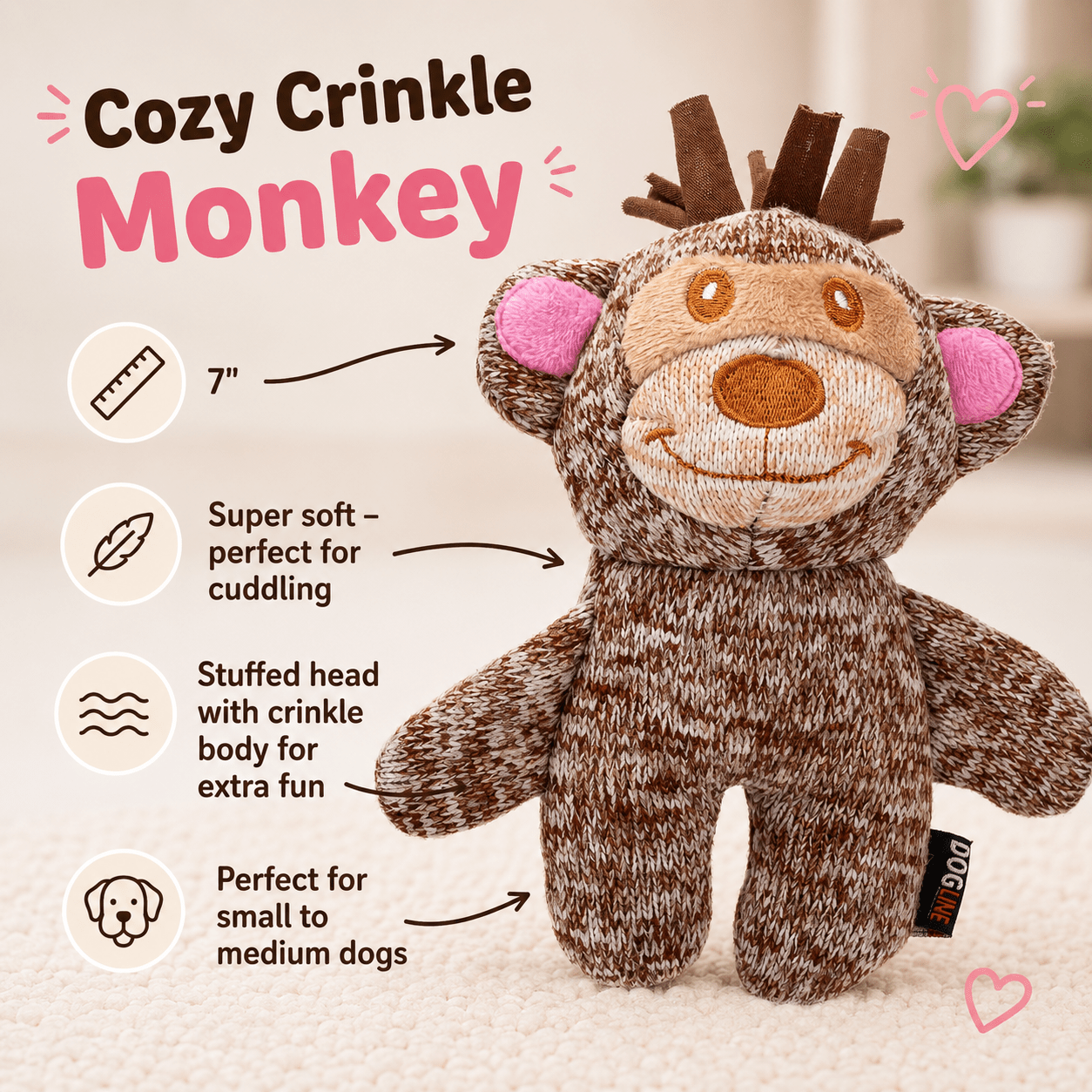 Cozy Crinkle Dog Toy Collection Cozy Crinkle Monkey Dog Toys Dogline