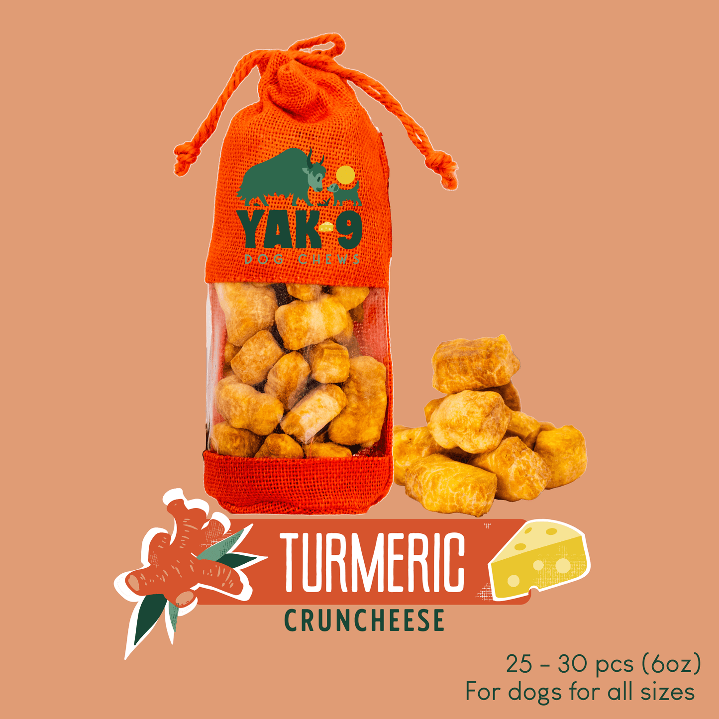 CrunCheese Yak Cheese Treats for Dogs - 6 oz Turmeric Dog Treats Yak9 Chews