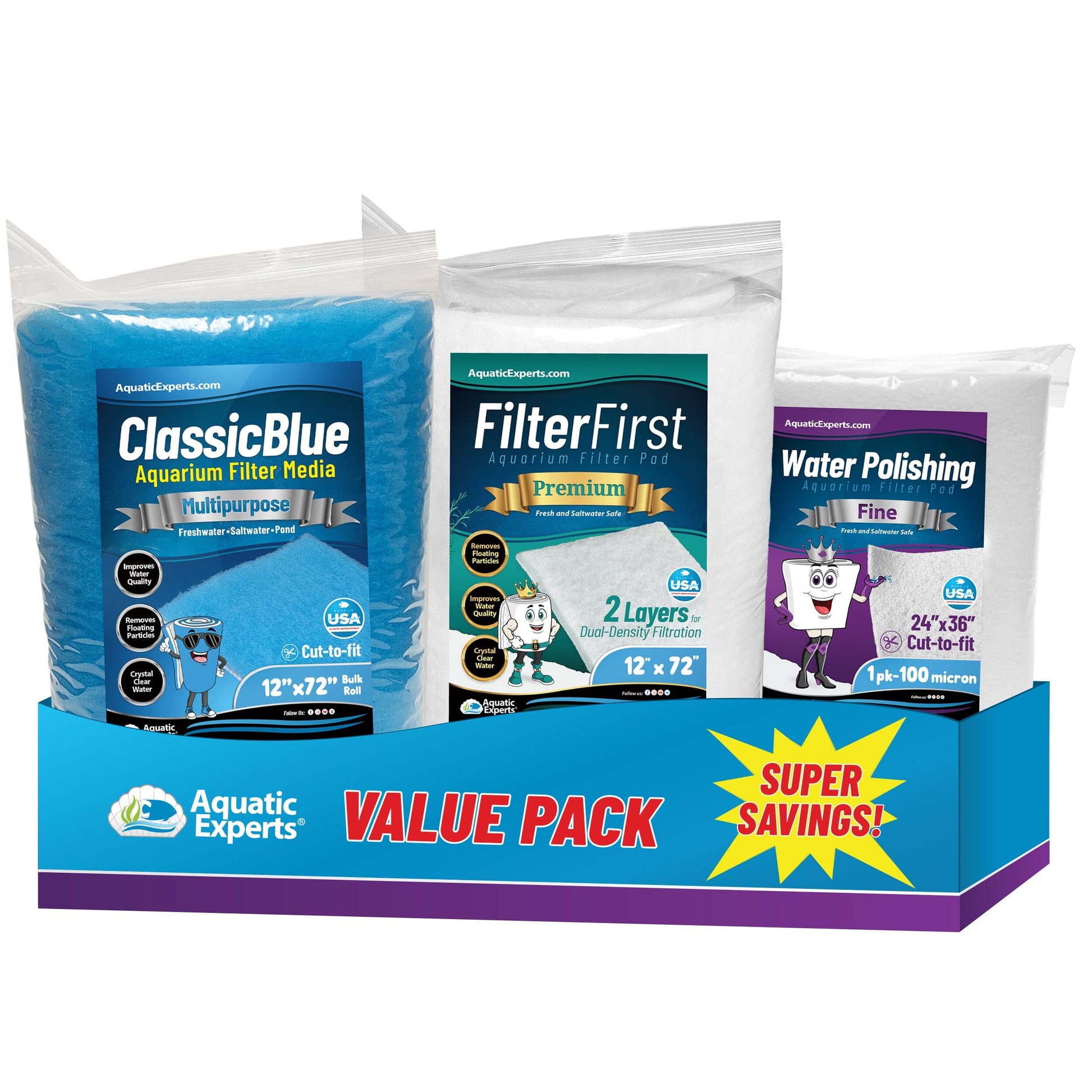 Classic Bonded Aquarium Filter Pad - Blue & White Aquarium Filter Media Roll Bulk, Customizable for Most Filters Value Pack Ultimate Bundle Aquatic Experts