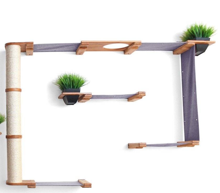 The Gardens - Modern Cat Tree with Plants Natural Bamboo Charcoal Gray Canvas Mini Garden None Cat Condo Catastrophic Creations
