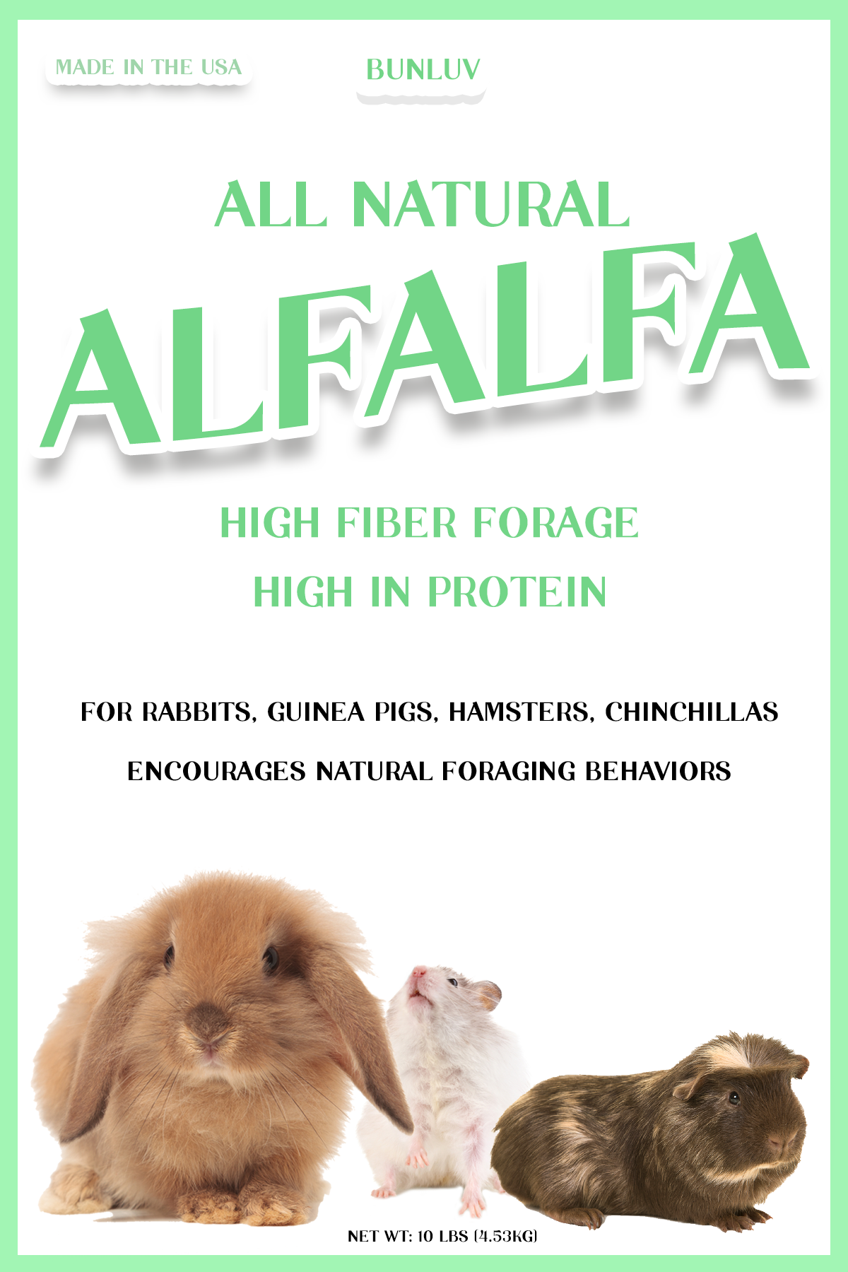 BunLuv All Natural Alfalfa For Rabbits, Guinea Pigs, Chinchillas, & Hamsters (10 Pounds) Dahlia Pets