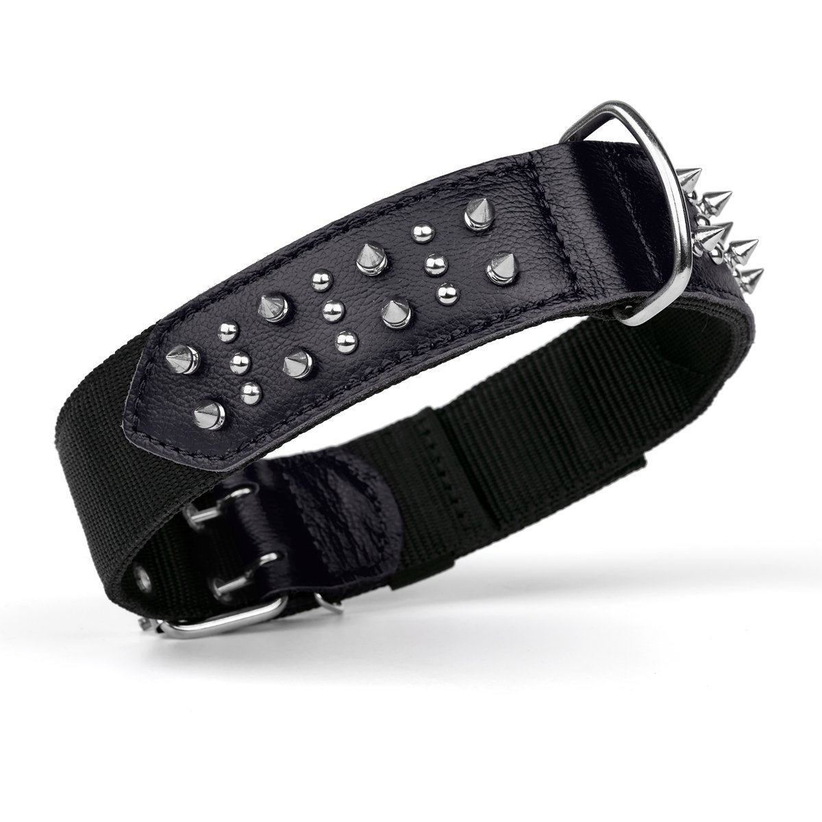 Leather + Nylon Spiked Dog Collar Black Dog Collars Dogline