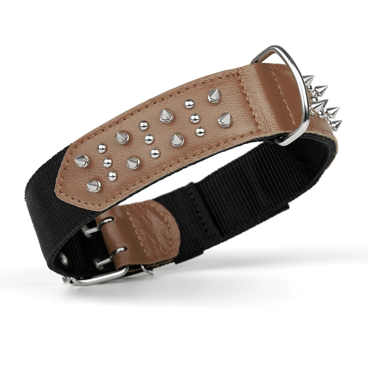 Leather + Nylon Spiked Dog Collar Brown Dog Collars Dogline