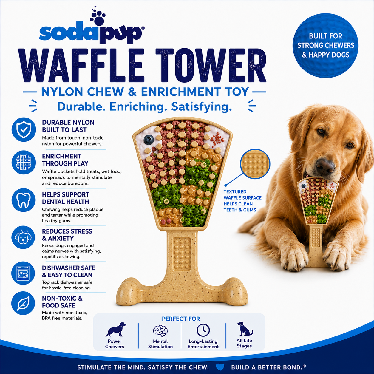 Waffle Tower Nylon Chew & Enrichment Toy | 2-in-1 for Aggressive Chewers | SodaPup Nylon Dog Toys SodaPup/True Dogs, LLC