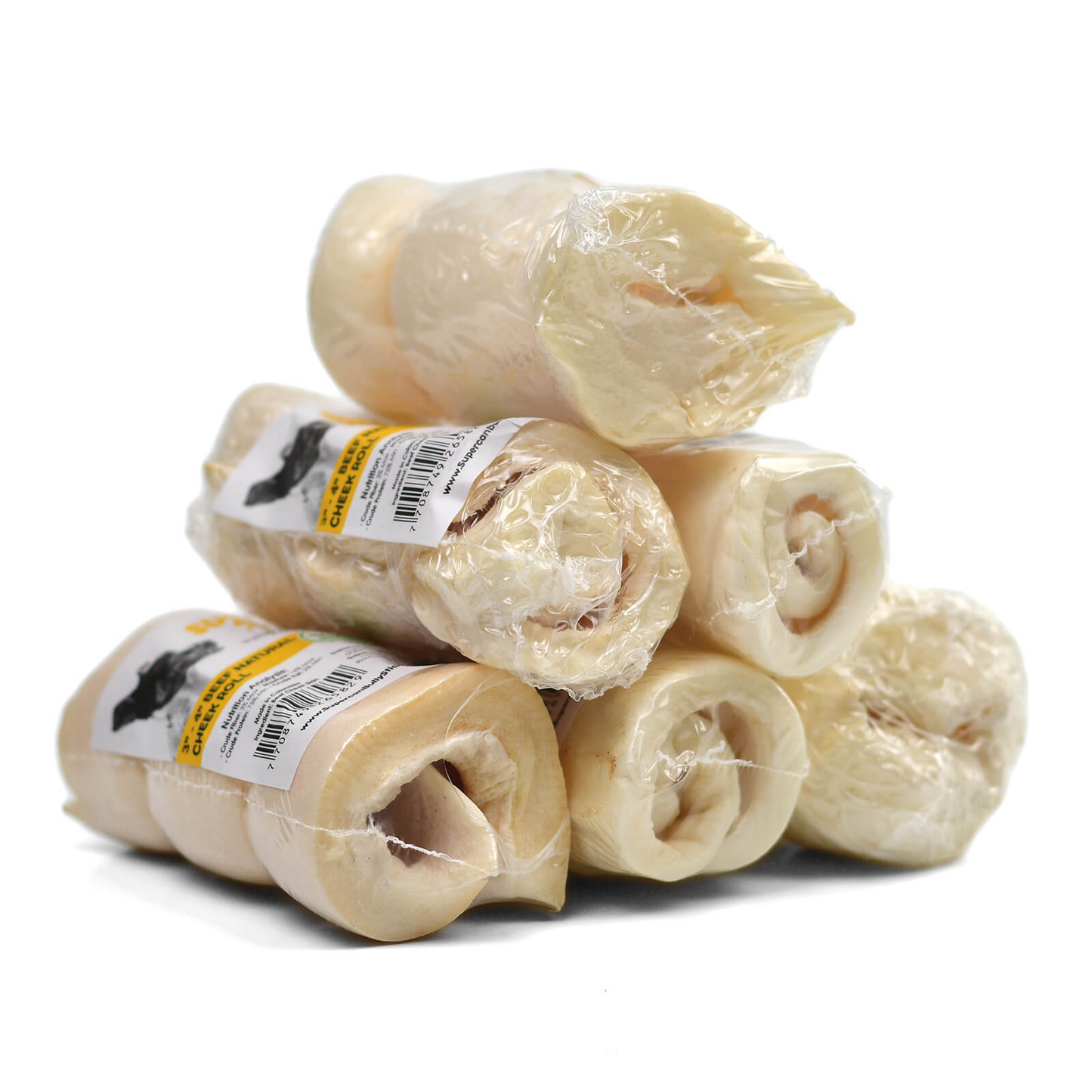 5"- 6" Beef Cheek Rolls, Plain and Flavored Beef Supercan Bully Sticks
