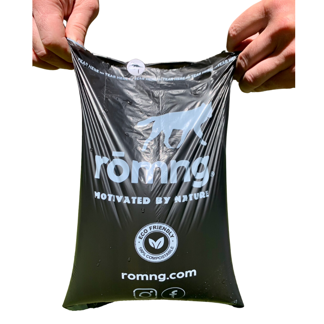 compostable plant-based dog poop bags + bamboo dispenser Compostable Dog Poop Bags rōmng