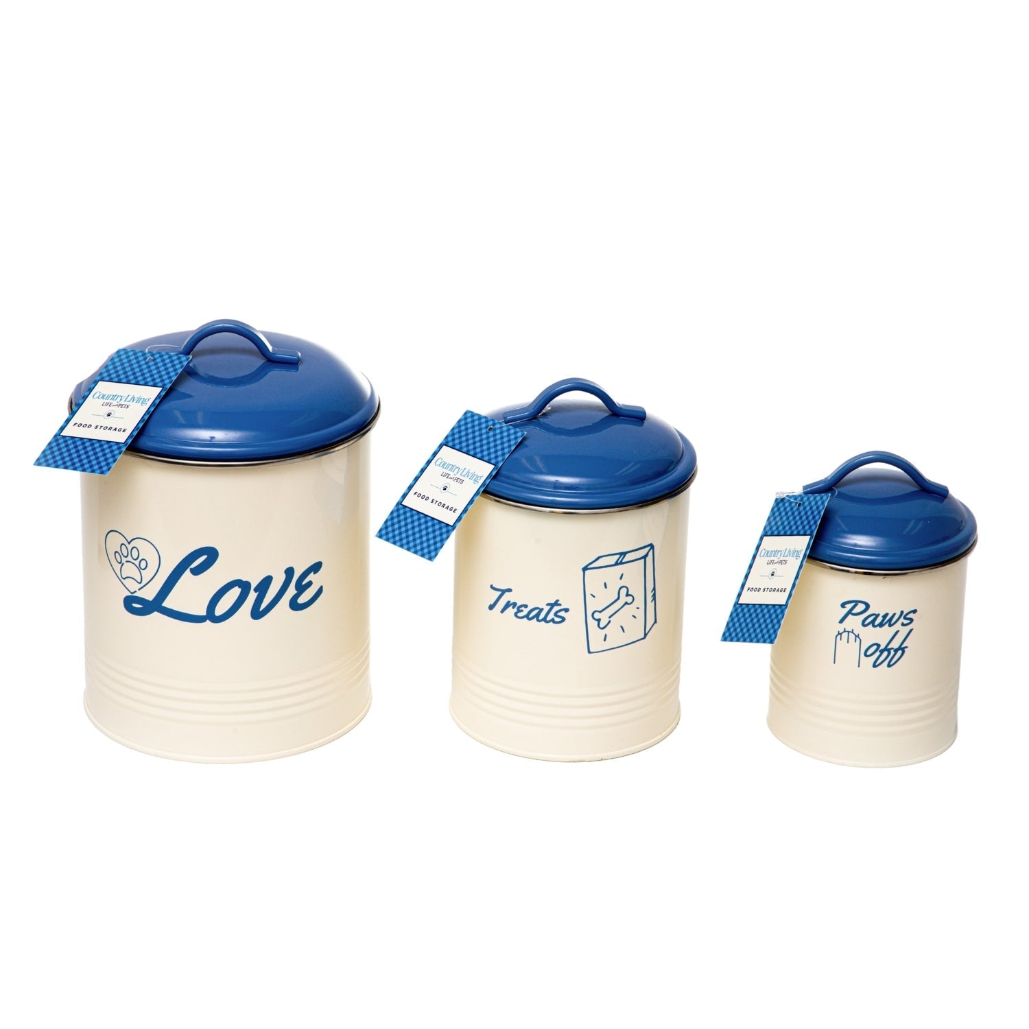 Country Living Set of 3 Pet Treat Canisters, Dog Treat Storage – French Blue Lid Containers American Pet Supplies