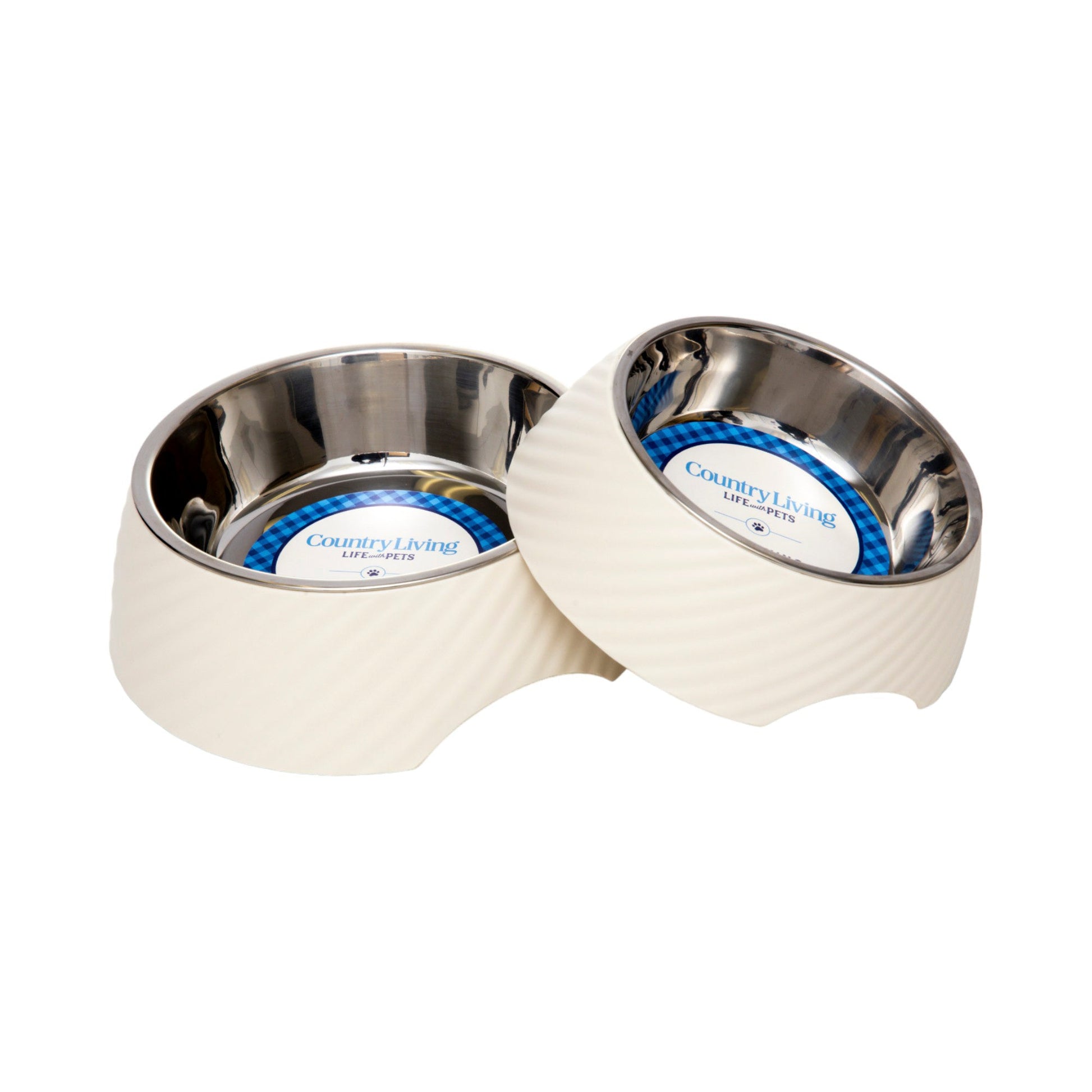 Country Living Set of 2 Round Twill Melamine Dog Bowls with Removable Stainless Steel Inserts – White Swan Bowl American Pet Supplies