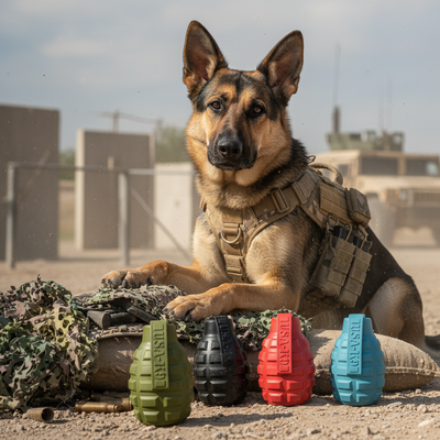 USA-K9 Grenade Rubber Dog Chew Toy | K9 Handler eDispenser Toy | Red & Blue | USA Made Rubber Dog Toys SodaPup/True Dogs, LLC