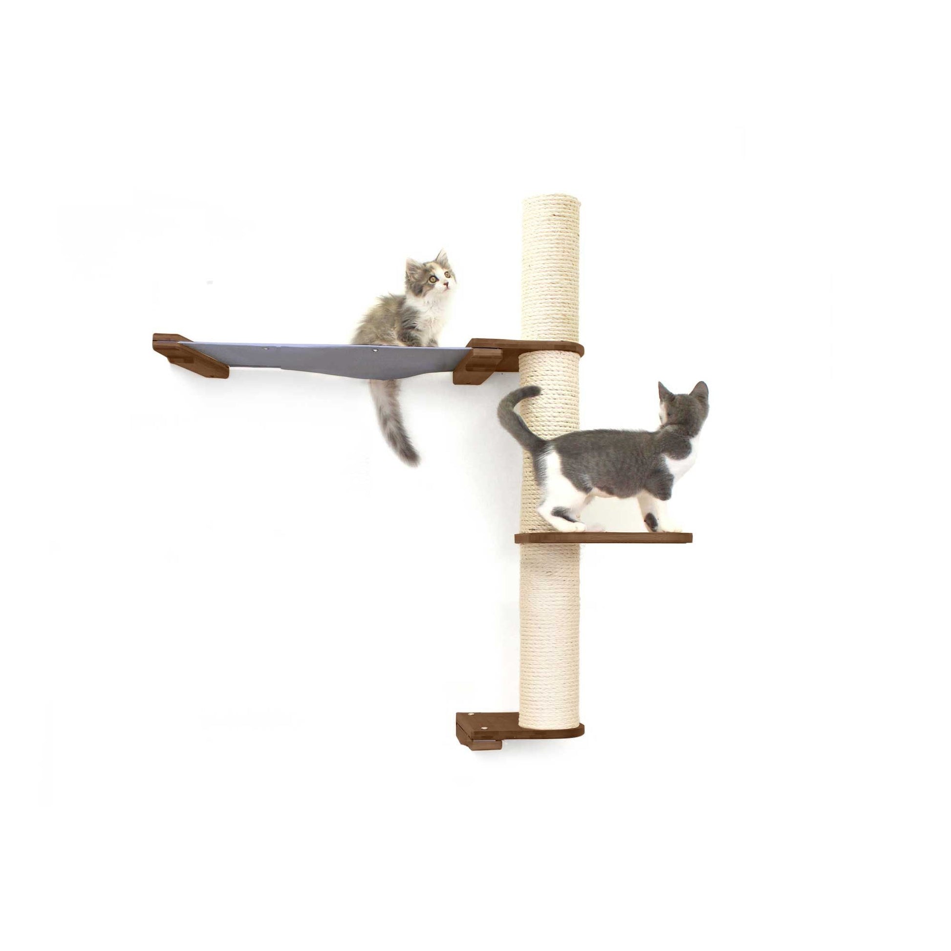 The Crow's Nest - A Wall Cat Scratcher with Hammock English Chestnut Bamboo Charcoal Gray Canvas 2-Tier 24" Cat Condo Catastrophic Creations