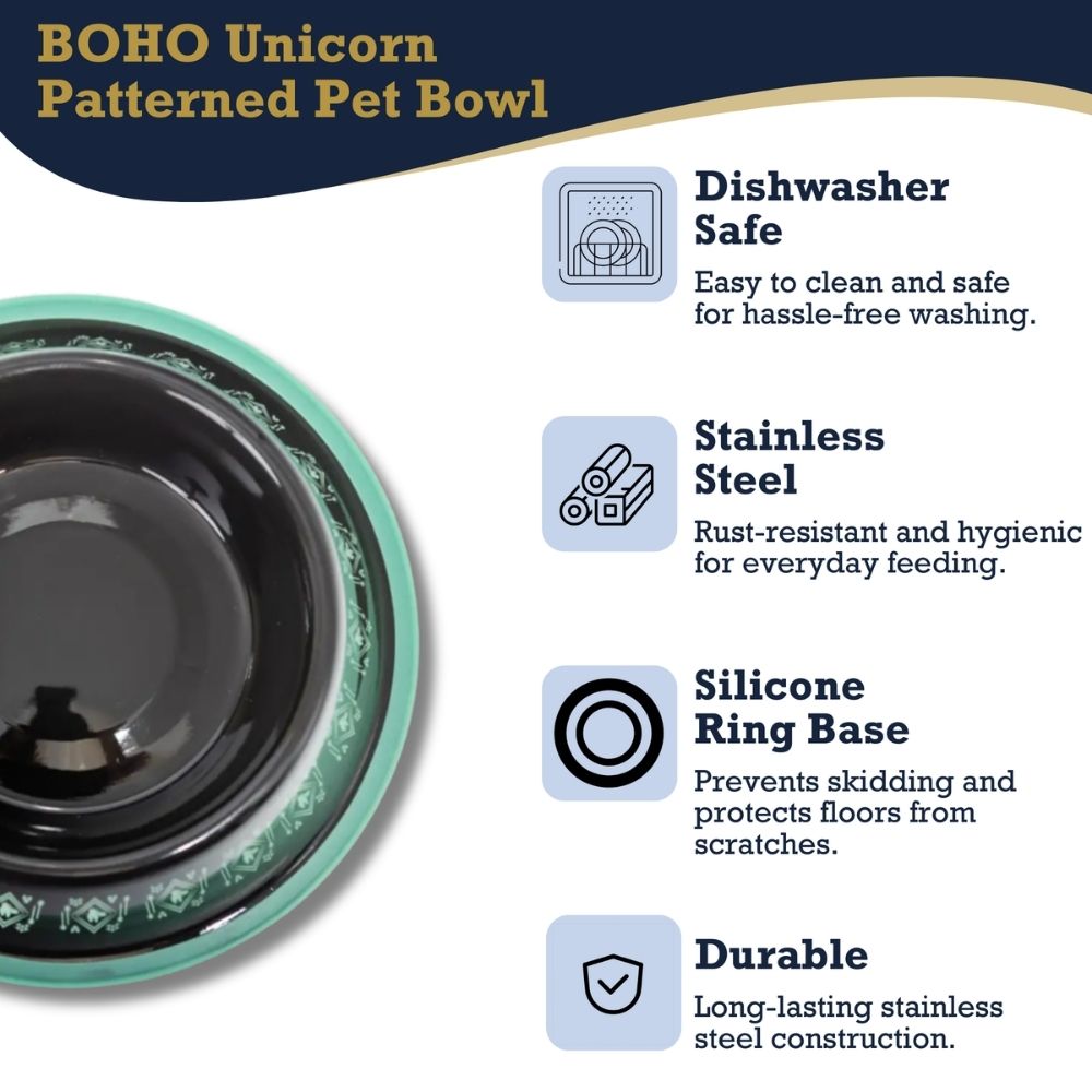 Non-Skid Boho Stainless Steel Dog Bowl – with Whimsical Unicorn Design, Silicone Base for Medium Dogs – 24oz Bowl American Pet Supplies