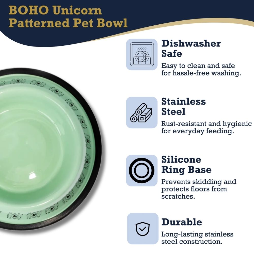 Non-Skid Boho Stainless Steel Dog Bowl – with Whimsical Unicorn Design, Silicone Base for Medium Dogs – 24oz Bowl American Pet Supplies