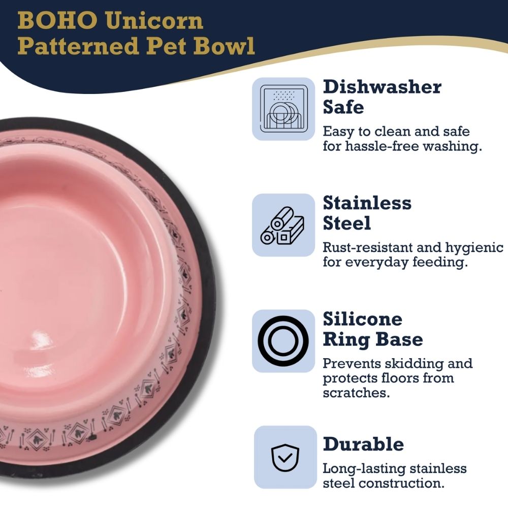 Non-Skid Boho Stainless Steel Dog Bowl – with Whimsical Unicorn Design, Silicone Base for Medium Dogs – 24oz Bowl American Pet Supplies