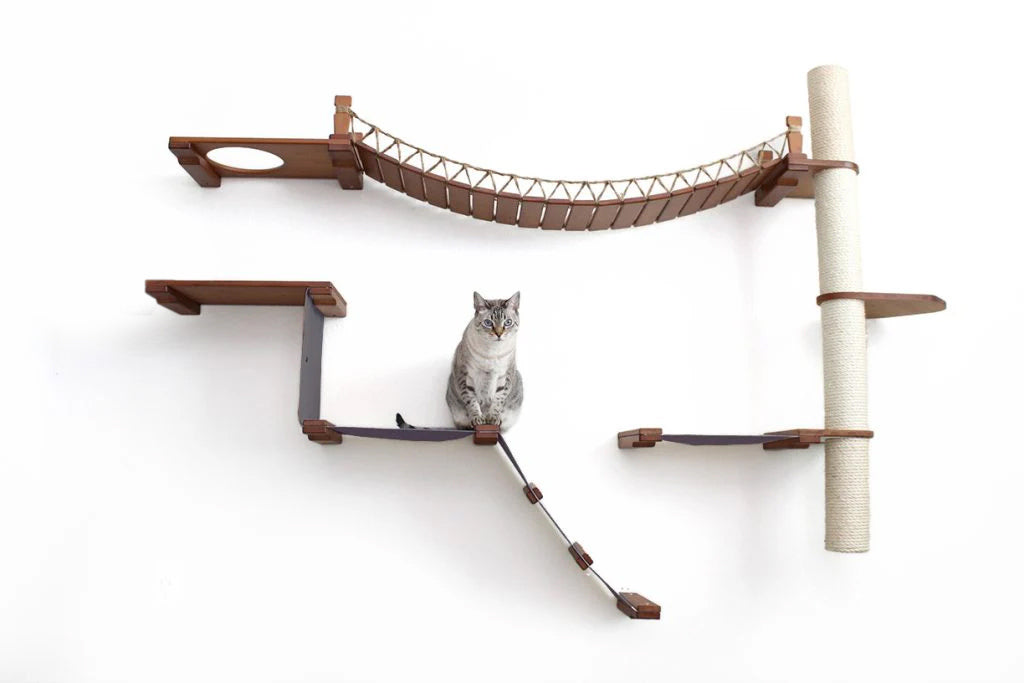 The Expedition - Cat Jungle Gym Wall System English Chestnut Bamboo Charcoal Gray Canvas No Planter Cat Condo Catastrophic Creations